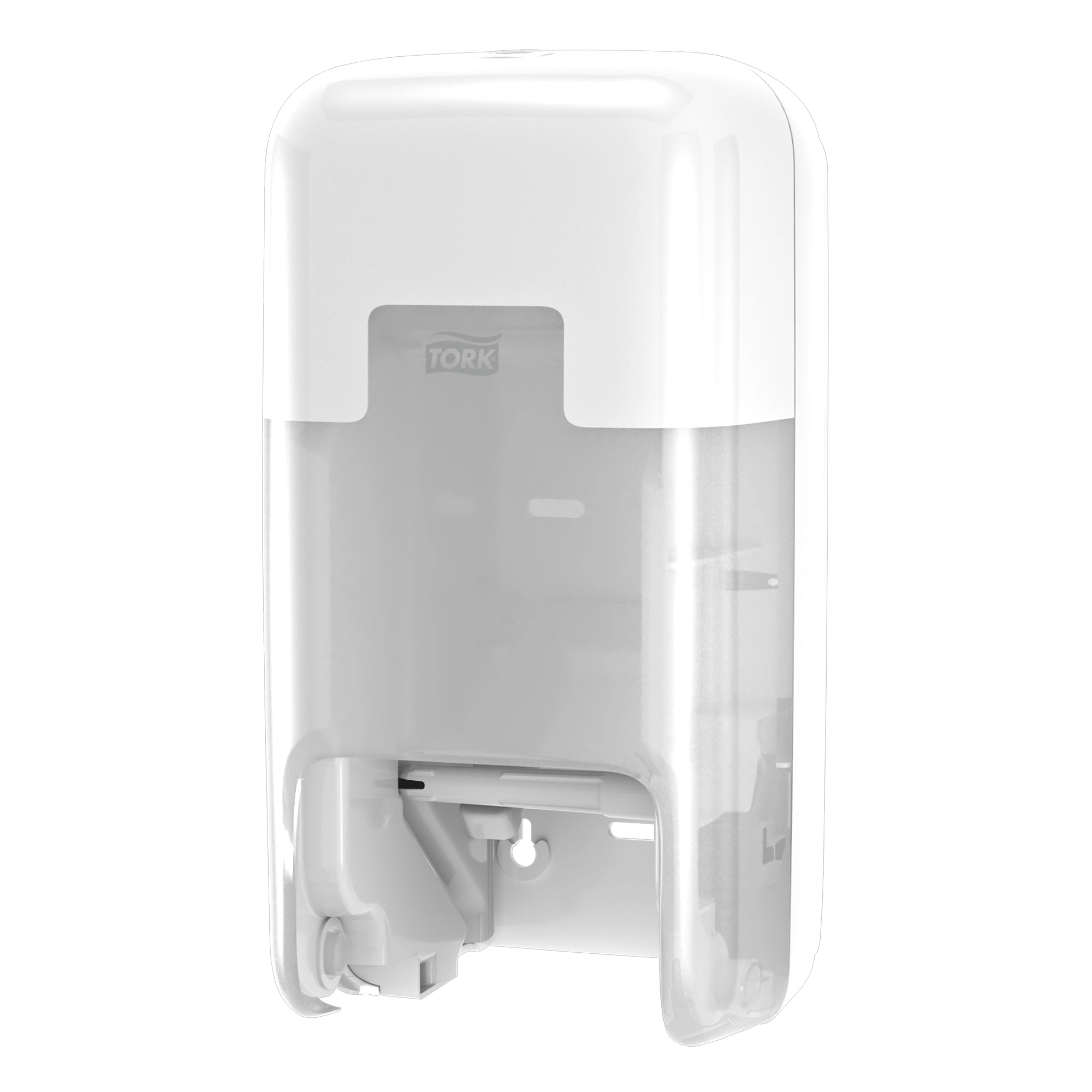 Tork OptiServe Doppelrollenspender für hülsenloses Midi-Toilettenpapier T7 vertikal in Weiß, transparenter Frontdeckel, Wandmontage für effiziente Versorgung in viel frequentierten Waschräumen, Artikel 558042