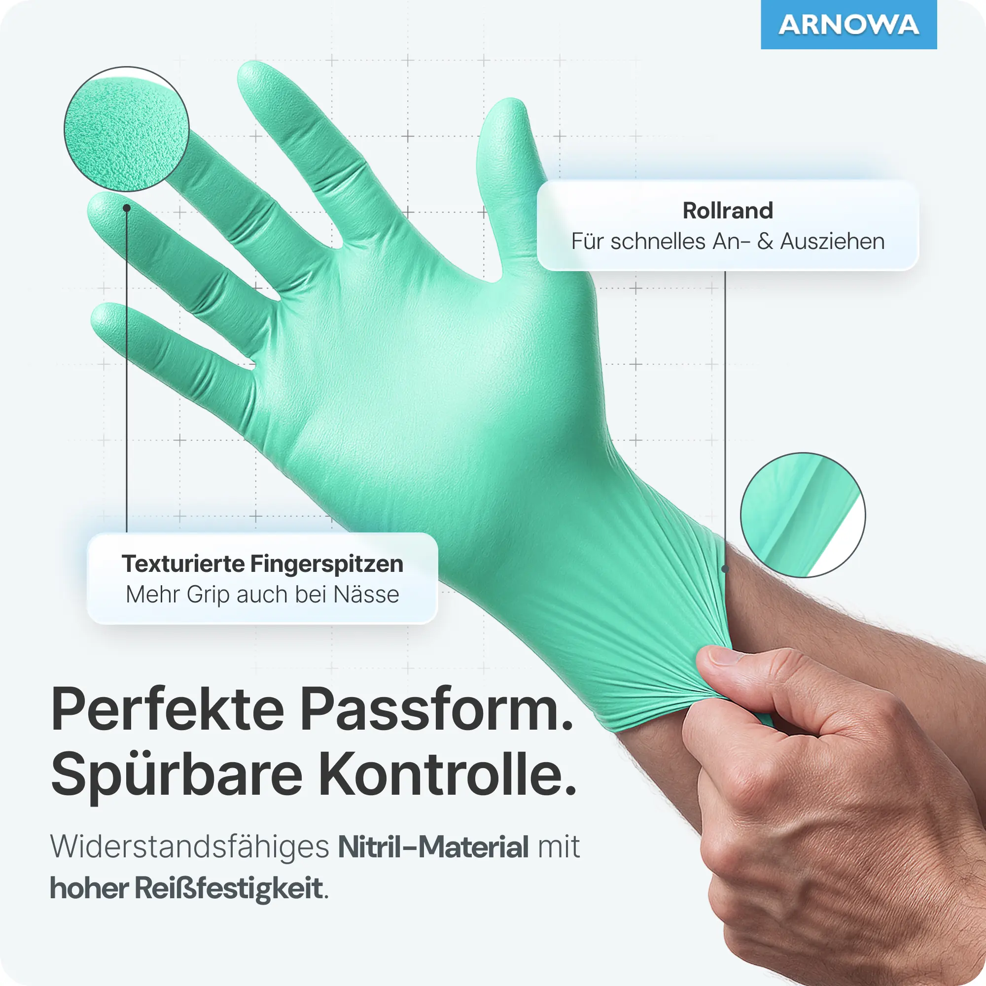 ARNOMED RAINBOW NITRIL PEPPERMIINT GREEN Nitrilhandschuhe mintgrün puderfrei, elastische, reißfeste Untersuchungshandschuhe mit texturierten Fingerspitzen und Rollrand für Medizin, Pflege, Labor, VE 100 Stück