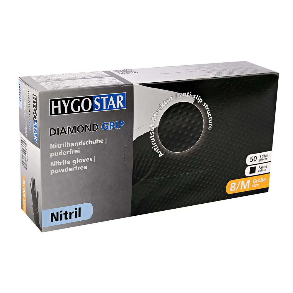Hygostar Diamond Grip Nitrilhandschuhe schwarz puderfrei, VE 500 Stück, strapazierfähige Nitrilhandschuhe mit Antirutsch-Struktur für Medizin, Labor, Gastronomie und Industrie