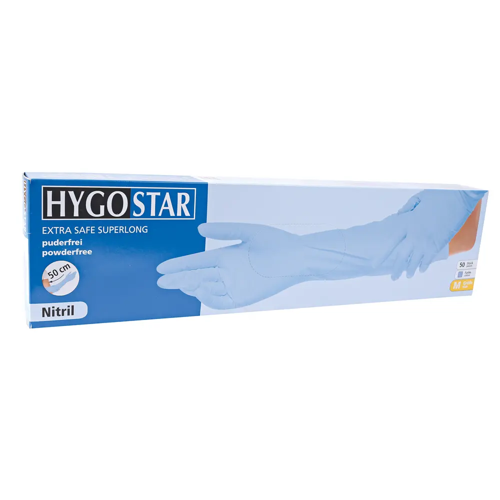 Hygostar Extra Safe Superlong 50 cm Nitril-Handschuhe blau puderfrei in Spenderbox, lange Schutzhandschuhe für Medizin, Labor, Lebensmittelindustrie, VE 500 Stück