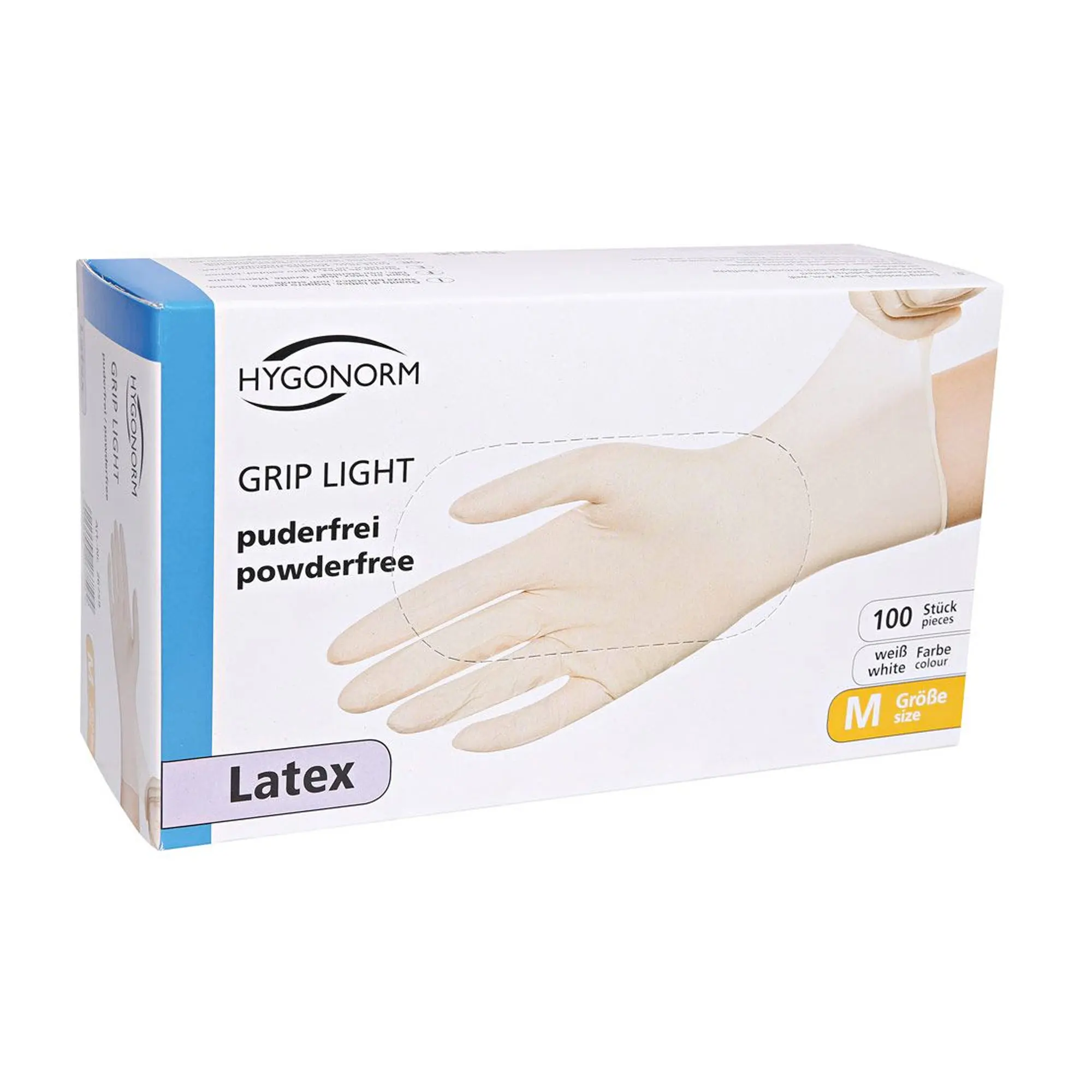 Hygonorm Grip Light Latexhandschuhe weiß puderfrei, VE 1000 Stück im Karton, elastische Latex-Einmalhandschuhe mit texturierter Oberfläche für sicheren Grip in Medizin, Labor, Gastronomie und Lebensmittelindustrie
