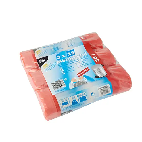 PAPSTAR Müllbeutel mit Zugband, HDPE 30 l, 70 x 55 cm in Rot auf Rolle für Küche und Büro, Artikel 12417