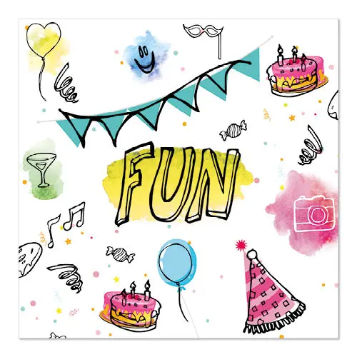 PAPSTAR Servietten, 3-lagig 1/4-Falz 33 cm x 33 cm "Fun" mit farbenfrohem Party-Design aus Torten, Luftballons, Konfetti, Wimpelkette und Schriftzug FUN, FSC-zertifiziert