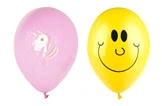 Luftballons Einhorn und Smiley, rosa Ballon mit Einhornmotiv und gelber Smiley-Ballon für Party und Kindergeburtstag