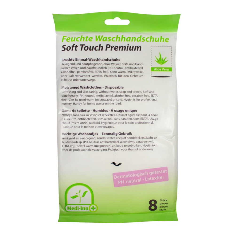 Medi-Inn feuchte Einmalwaschhandschuhe Soft Touch Premium zur sanften, pflegenden Körperreinigung ohne Wasser, Soft-Touch-Waschhandschuh von Medi-Inn
