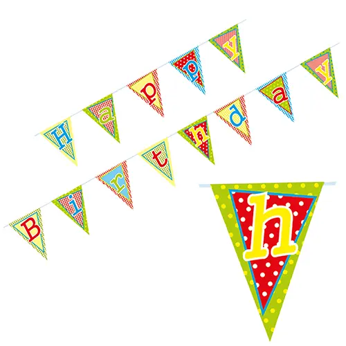 PAPSTAR Wimpelkette, Papier 4 m Happy Birthday lackiert, farbenfrohe beidseitig bedruckte Geburtstagsgirlande mit 13 lackierten Papierwimpeln für Partydeko