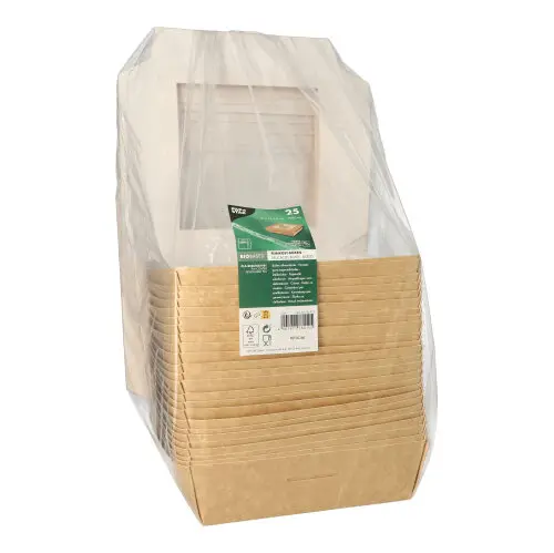 PAPSTAR Feinkostboxen, Pappe mit Sichtfenster aus PLA, eckig 1500 ml, braun 19 x 19 x 5 cm, stapelbare To-go-Verpackung für Salate und Snacks, FSC-zertifiziert, Art.-Nr. 86575