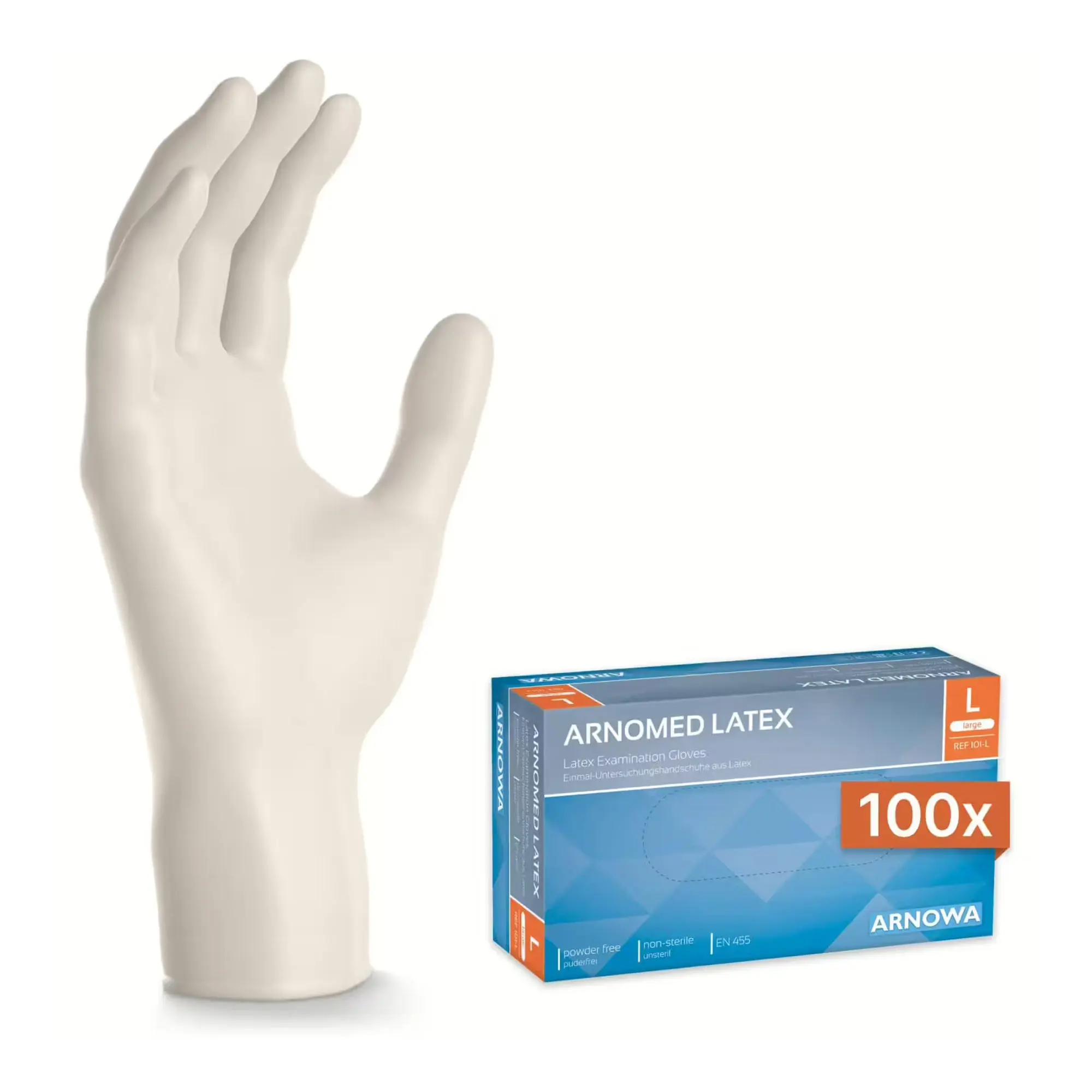 ARNOMED CLASSIC LATEX PF Latexhandschuhe naturweiß puderfrei, VE 100 Stück in Größe L, hochwertige Latexhygienehandschuhe für Medizin, Labor, Pflege und Gastronomie, ARNOMED