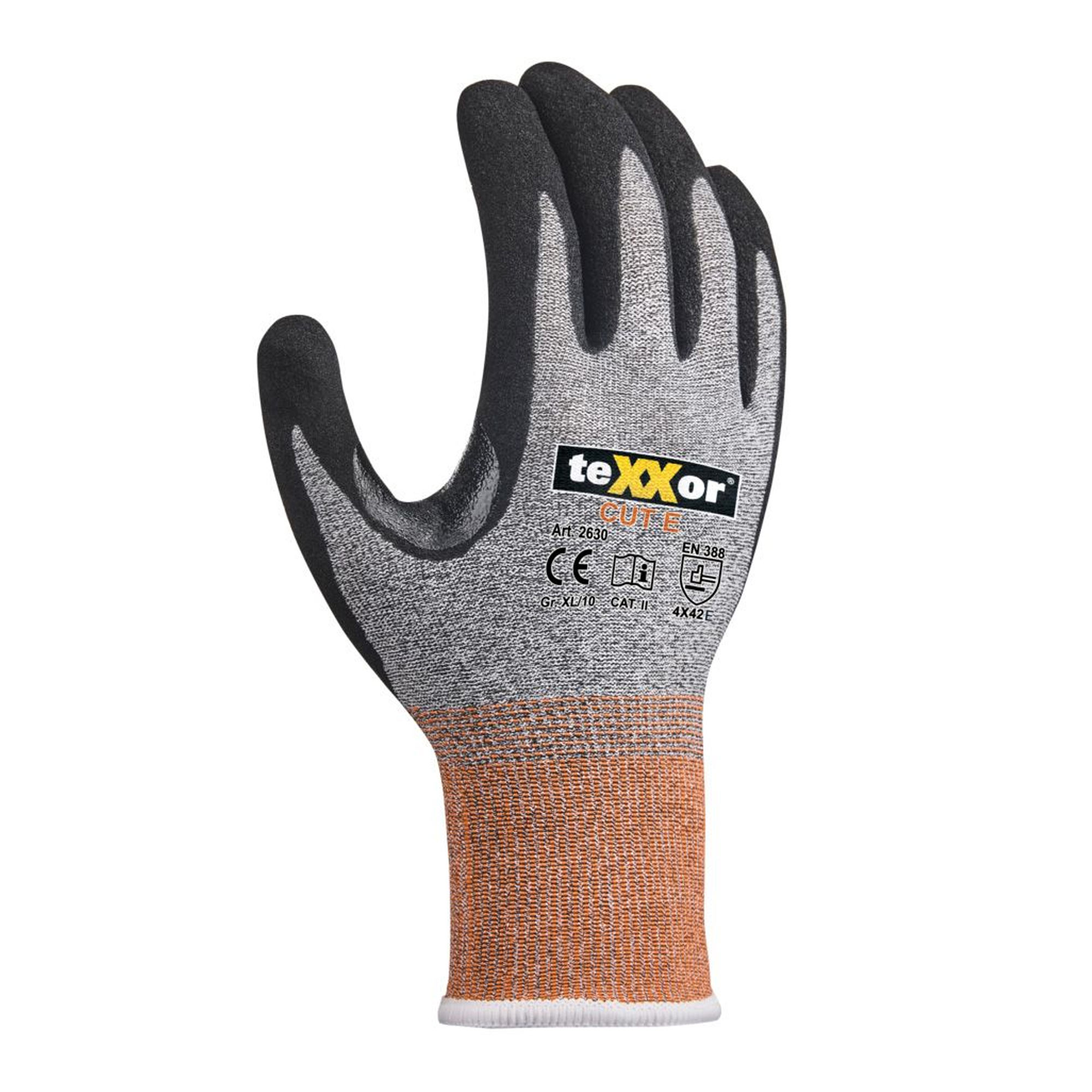 teXXor 2630, CUT E Schnittschutzhandschuhe mit Nitril, gesandet-Beschichtung grau-meliert/orange/schwarz, VE 144 Paar