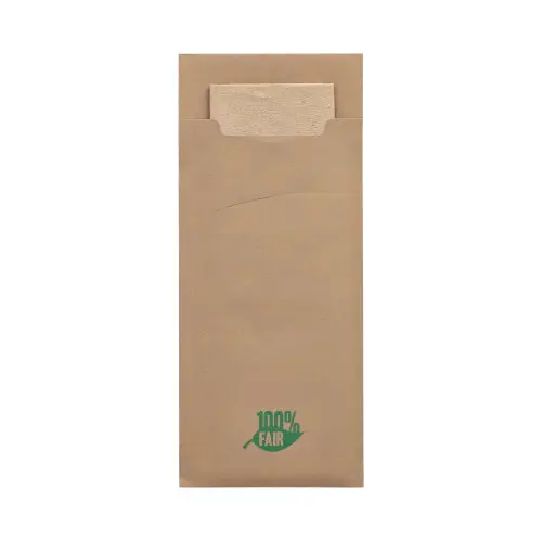PAPSTAR Bestecktaschen 20 cm x 8,5 cm braun "100% Fair" inklusive naturfarbener 2-lagiger Recycling-Serviette 33 x 33 cm, hygienische Papptasche für Besteck, Art.-Nr. 88190