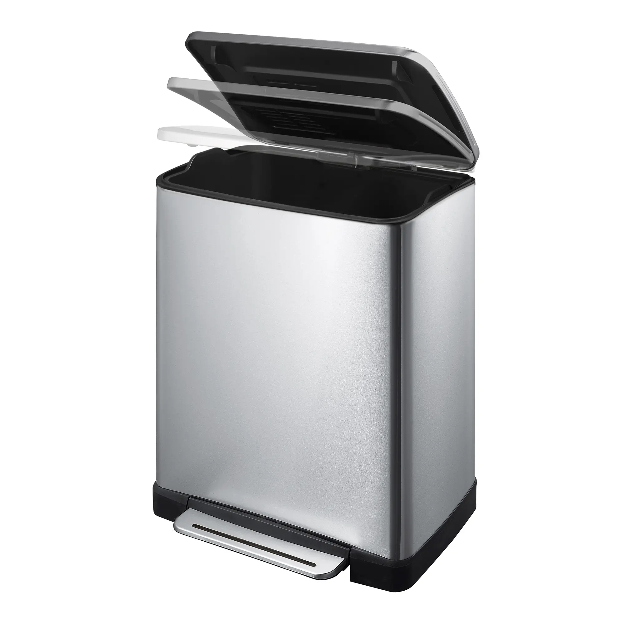 EKO E-Cube Tretmülleimer 50 Liter Edelstahl mit Pedal, gedämpft schließendem Deckel, Inneneimer aus Kunststoff und Fach für Carbonfilter