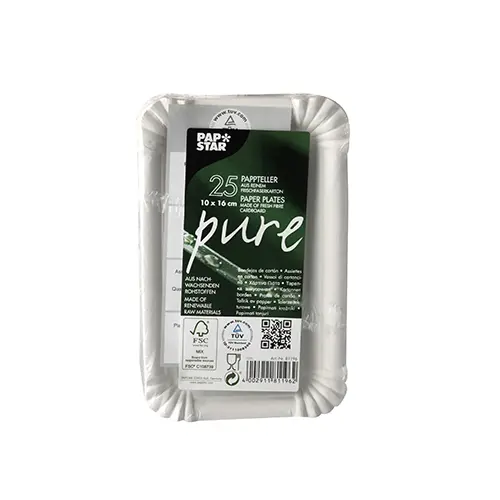 PAPSTAR Teller, Pappe "pure" eckig 10 x 16 cm weiß, flache FSC-zertifizierte Pappteller aus 100 % Frischfaserkarton, 16 x 25 Stück