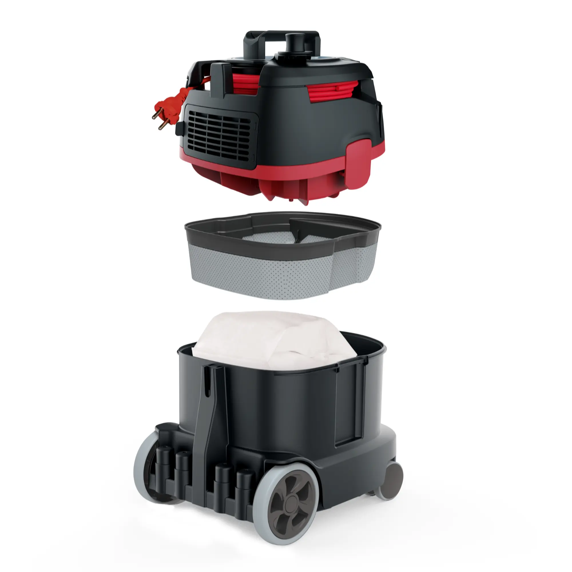 Sprintus Staubsauger ERA TEC ZERO mit geöffnetem Gehäuse, sichtbar dreiteiligem Aufbau aus Motoreinheit, HEPA13 Filter und Staubbeutel im Fahrgestell für professionelle, allergikerfreundliche Trockensaug-Reinigung