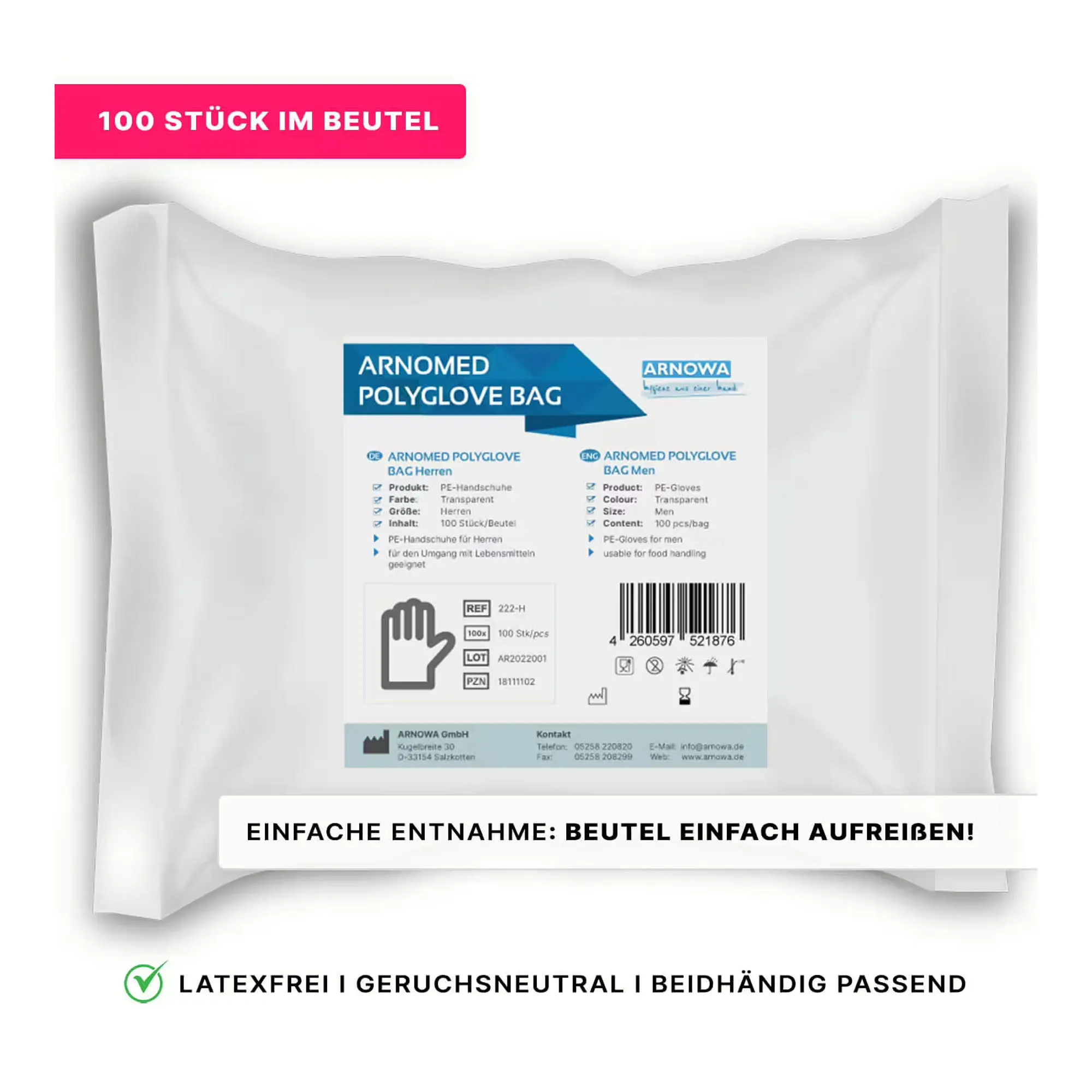 ARNOMED POLYGLOVE BAG PE-Handschuhe transparent, latexfreie Einmalhandschuhe im Beutel mit 100 Stück für Medizin, Labor und Lebensmittelhygiene, Artikelnummer 222-H