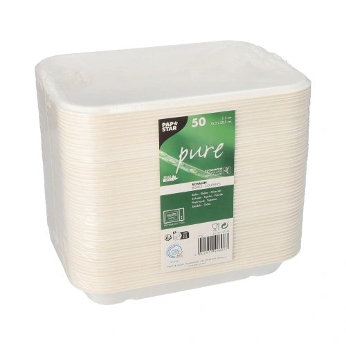 PAPSTAR Schalen, Zuckerrohr "pure" ungeteilt 3 cm x 15,3 cm x 20,3 cm weiß, 6 x 50 Stück