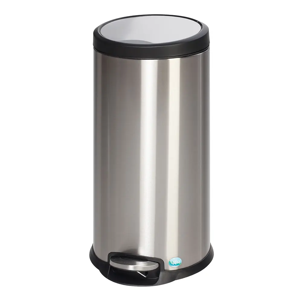 VAR Tretmülleimer 30 Liter Edelstahl mit Soft-Close-Deckel, extra breitem Fußpedal und herausnehmbarem Kunststoff-Inneneimer, Artikelnummer VAR-30L-E