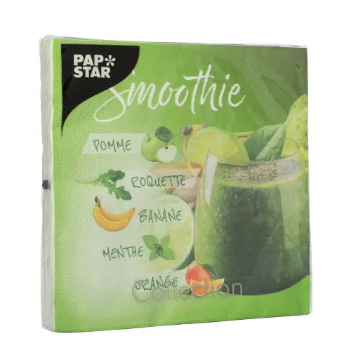 PAPSTAR Servietten, 3-lagig 1/4-Falz 33 cm x 33 cm Smoothie mit grünem Smoothie-Motiv und Obst-Dekor, umweltfreundliche Tissue-Servietten FSC-zertifiziert
