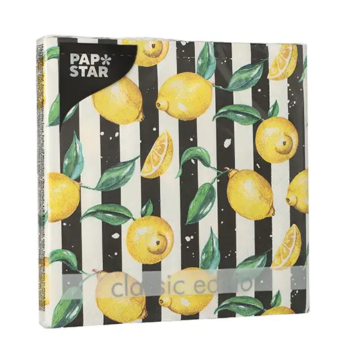 PAPSTAR Servietten, 3-lagig 1/4-Falz 33 cm x 33 cm Citrus Lines mit gelben Zitronen und schwarz-weißen Streifen, umweltfreundliche Tissue-Servietten für Feiern, FSC-zertifiziert