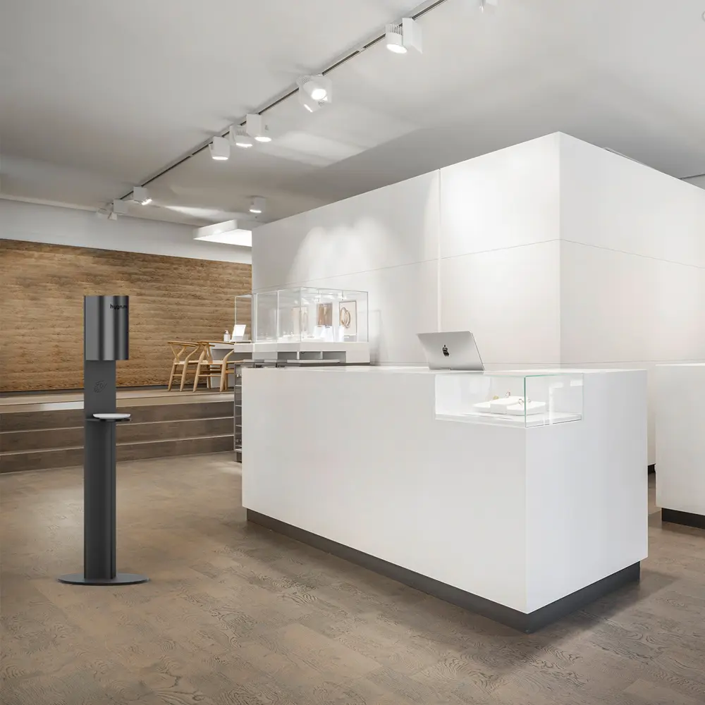 hygn.me Sensor-Spendersäule inkl. Dosiergerät „Station 3 Column“ für berührungslose Handdesinfektion, freistehende Standsäule aus CDF-Platte, nachfüllbar, von hygn.me