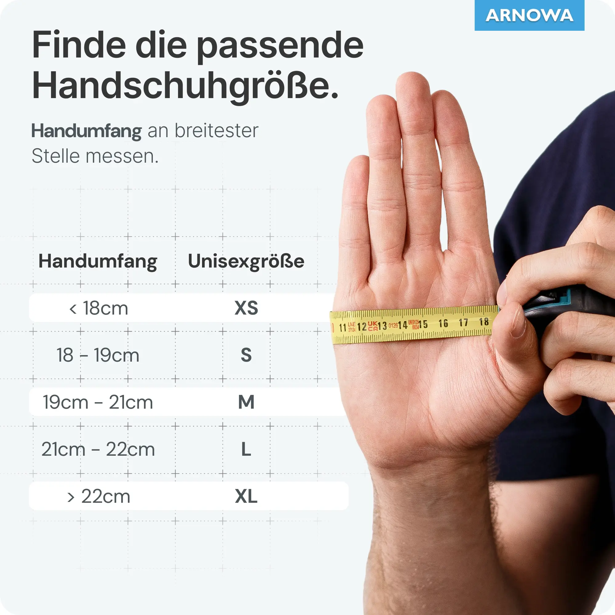 ARNOMED RAINBOW NITRIL PEPPERMIINT GREEN Nitrilhandschuhe mintgrün puderfrei, Größentabelle mit Handumfang in cm und Unisexgrößen XS bis XL sowie Messanleitung mit Maßband an der Hand