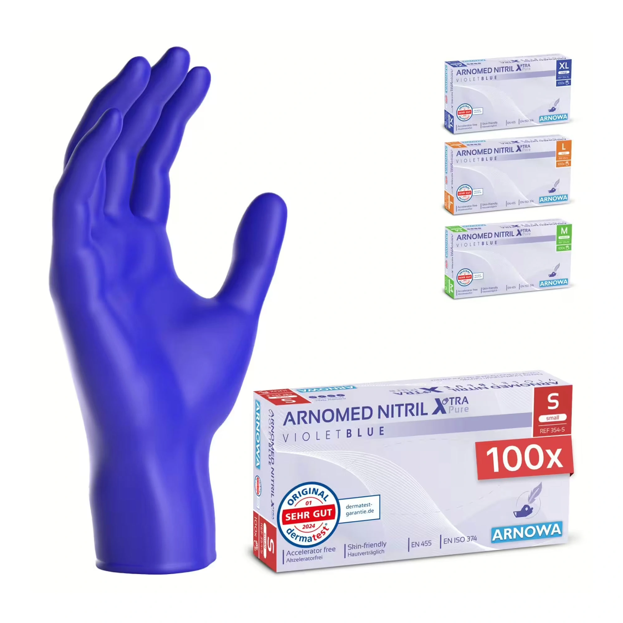 ARNOMED XTRA PURE NITRIL VIOLET BLUE Nitrilhandschuhe violettblau puderfrei, 100 Stück in verschiedenen Größen, latexfreie und extra reißfeste Untersuchungshandschuhe für professionelle Hygieneanwendungen