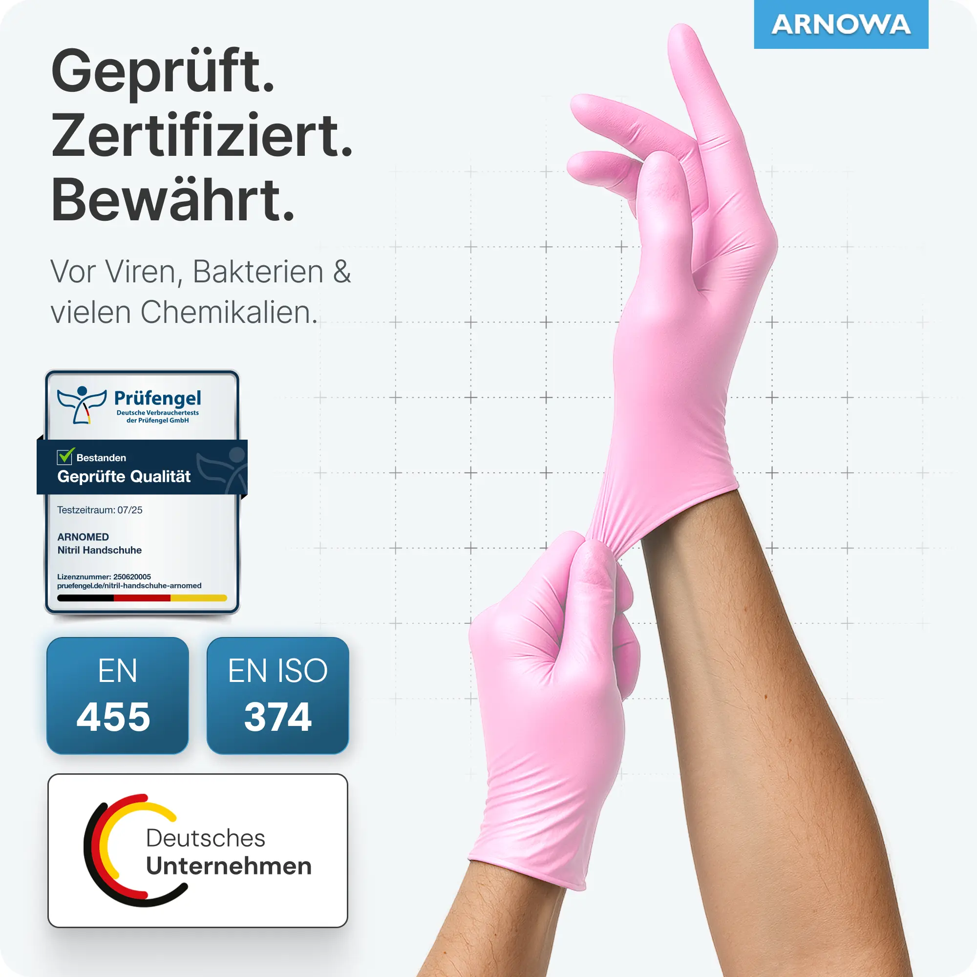 ARNOMED RAINBOW NITRIL BLOSSOM ROSE Nitrilhandschuhe rosa puderfrei, eine Hand zieht einen rosa Nitrilhandschuh an, geprüft gegen Viren, Bakterien und Chemikalien nach EN 455 und EN ISO 374, deutsches Unternehmen