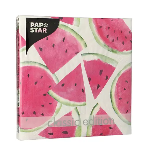 PAPSTAR Servietten, 3-lagig 1/4-Falz 33 x 33 cm Watermelon mit Wassermelonen-Motiv, umweltfreundliche Tissue-Servietten im Displaykarton