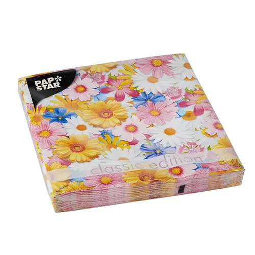 PAPSTAR Servietten, 3-lagig 1/4-Falz 33 x 33 cm Daisies Mix mit buntem Gänseblümchen-Dekor, nachhaltige FSC-zertifizierte Papierservietten