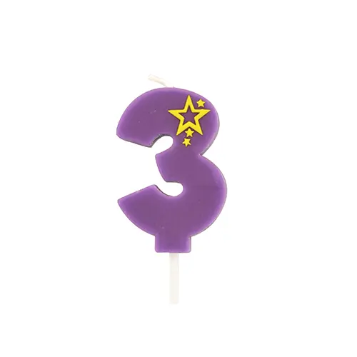PAPSTAR Zahlenkerze, Mini 6,8 cm lila "3", 6,8 cm hoch, lila Geburtstagskerze mit gelbem Sternenmotiv, ideal für Kindergeburtstag und Jubiläum, Artikel 86423