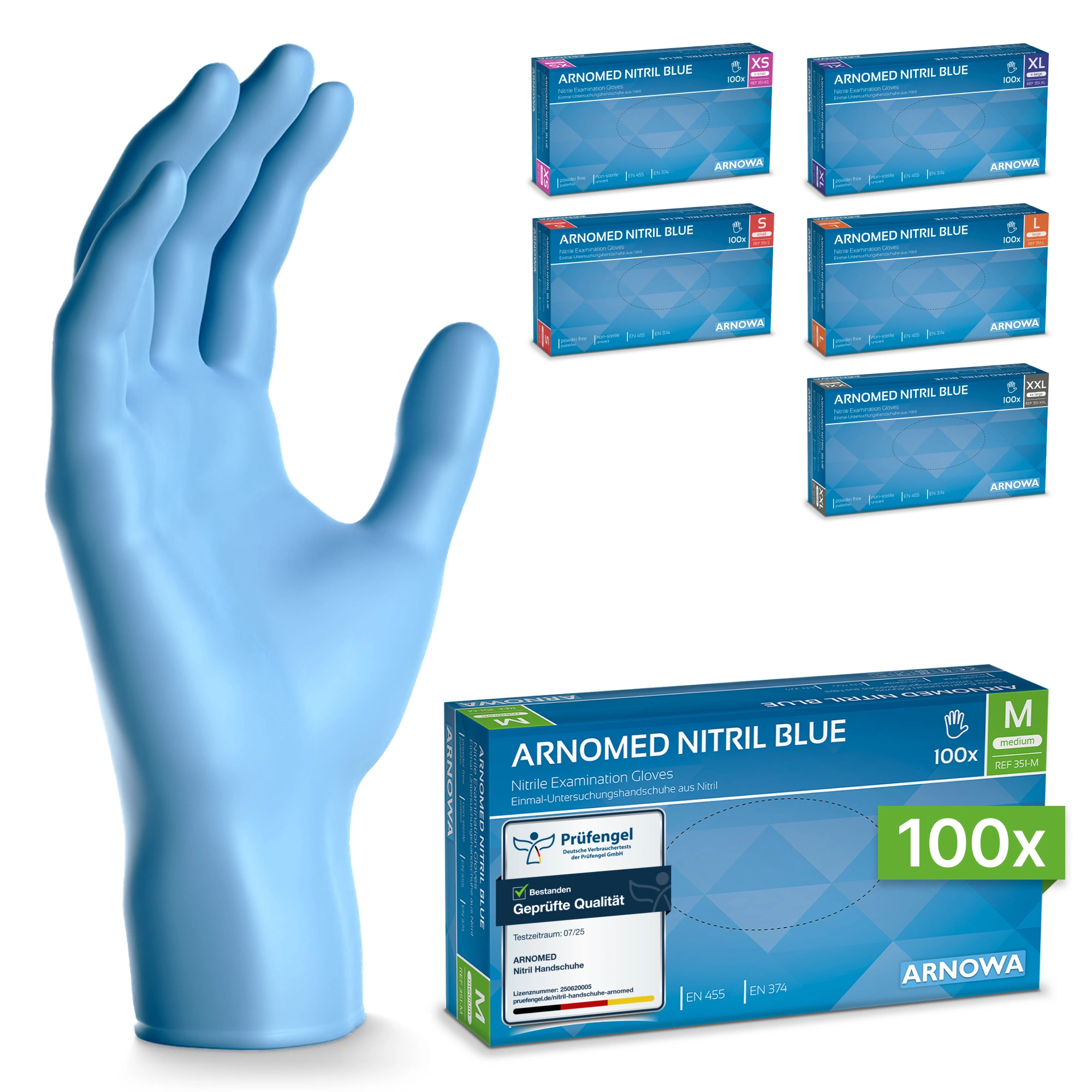 ARNOMED CLASSIC NITRIL BLUE Nitrilhandschuhe blau puderfrei von ARNOMED, medizinische Einmal-Untersuchungshandschuhe aus Nitril mit hoher Griffigkeit und Tragekomfort, 100 Stück je Box, verschiedene Größen