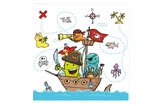Kinder-Wandtattoo Piratenmonster auf Schatzsuche im Piratenschiff mit bunten Seeungeheuern, Fischen und Schatzkarte, Artikelnummer 111812