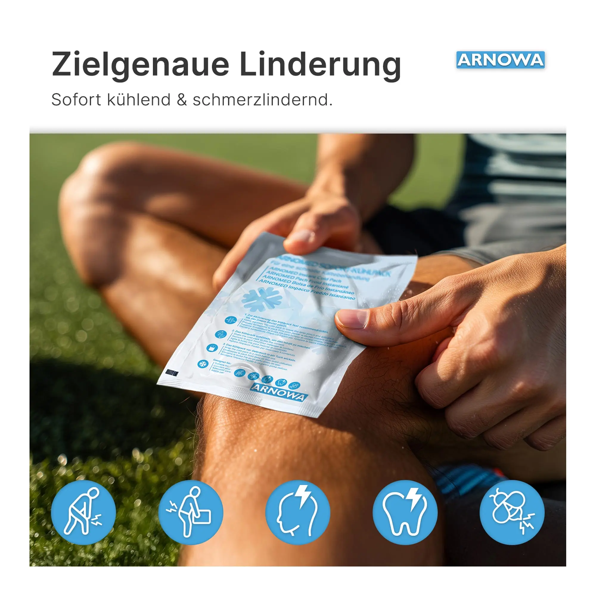 ARNOMED Sofort-Kühlpack 5er Set von ARNOWA, selbstaktivierende Einweg-Kühlkompressen für schnelle Kühlung bei Sportverletzungen, Prellungen, Schwellungen und Zahnschmerzen