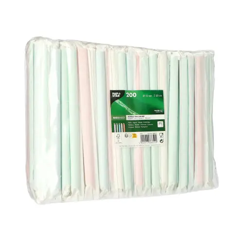 PAPSTAR Bubble Tea Halme Papier Ø 12 mm, 20 cm, farbig sortiert in Weiß, Blau, Pink, Grün und Lila, nachhaltig, einzeln gehüllt und einseitig spitz