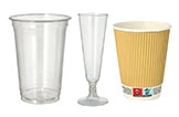 Einwegbecher Set mit klarem Kunststoffbecher, transparentem Sektglas und isoliertem Pappbecher für Getränke, Artikelnummer 12345