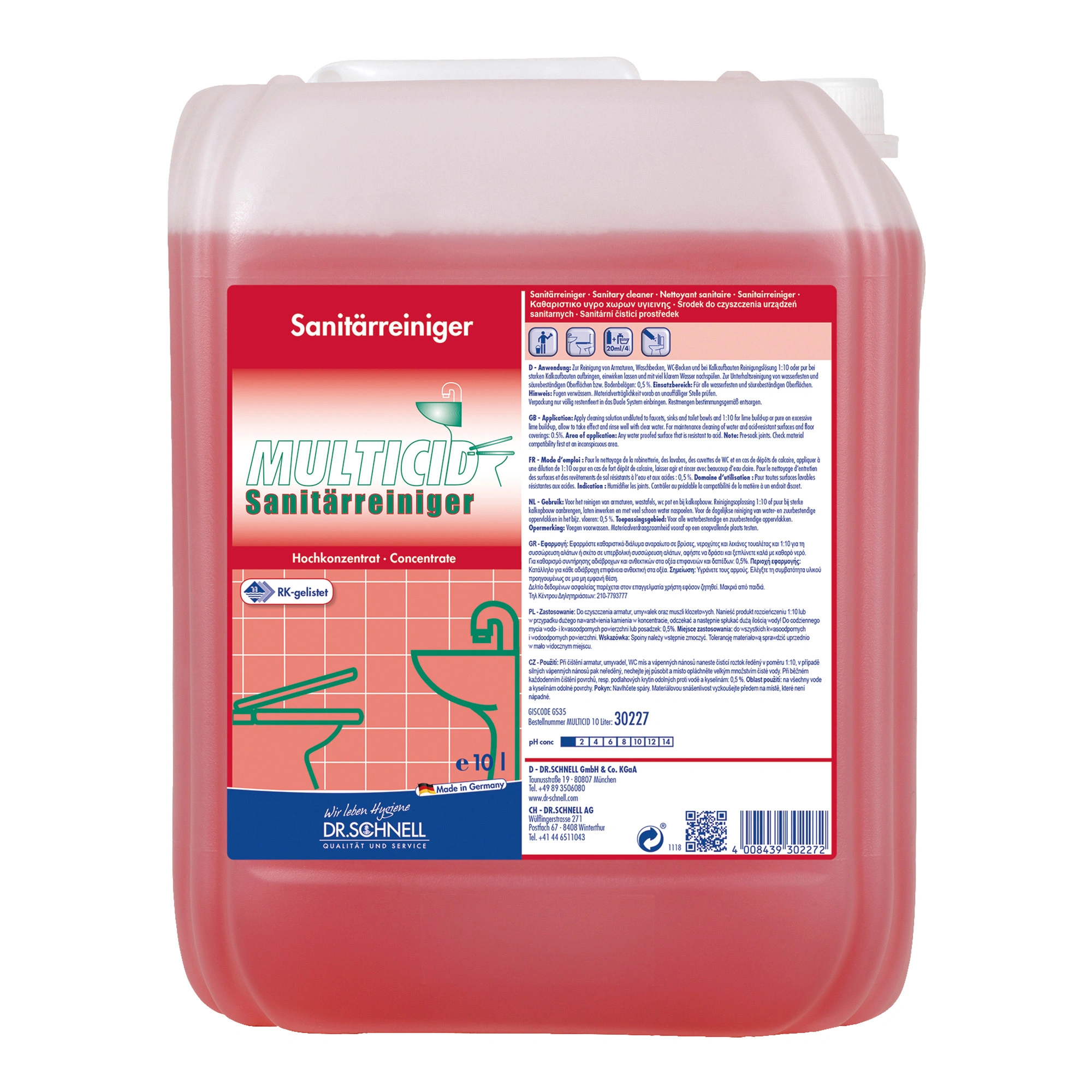 Dr. Schnell Multicid Sanitärreiniger Hochkonzentrat für wasserfeste, säurebeständige Sanitärflächen wie WC, Waschbecken und Armaturen, Artikelnummer 302277
