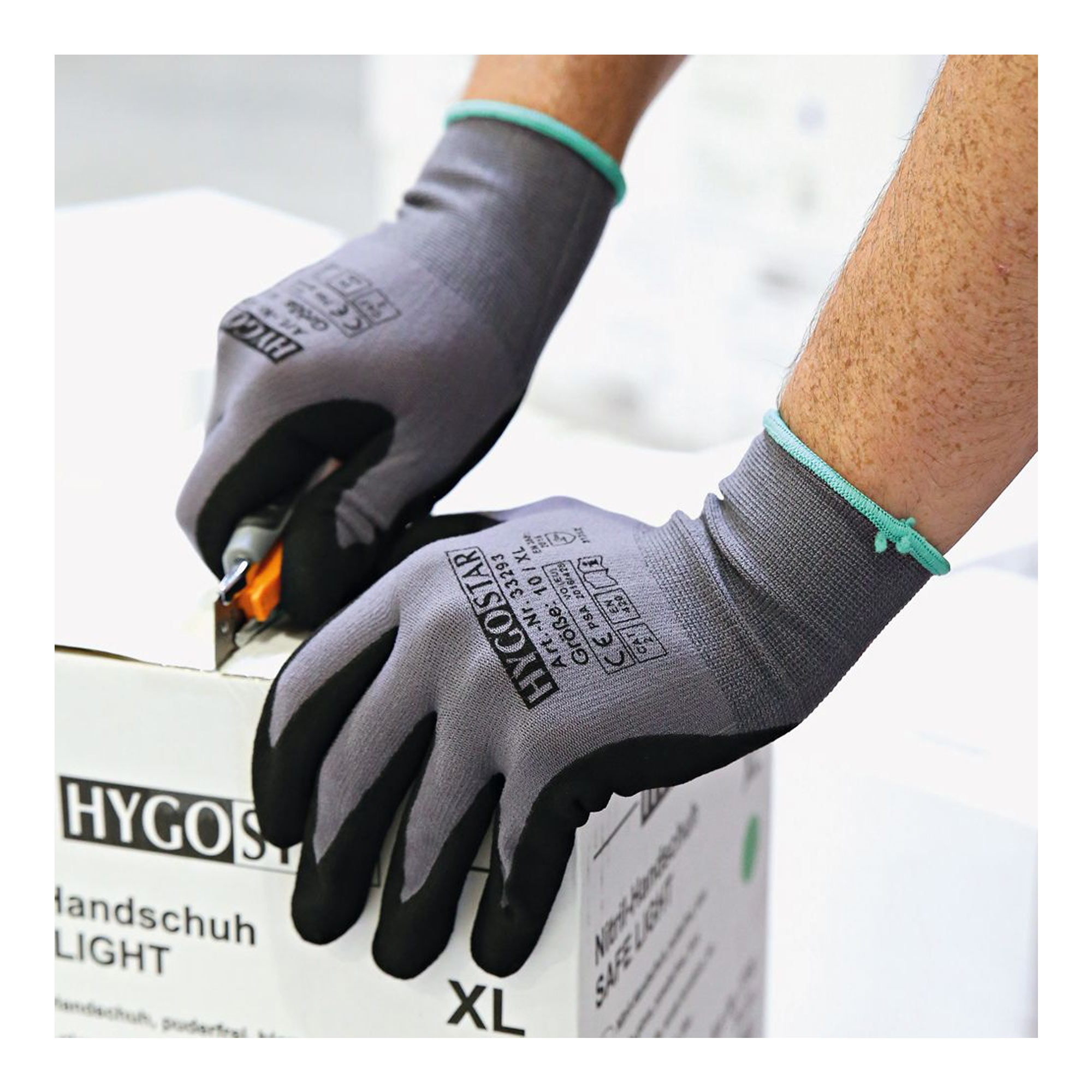 Hygostar Ergo Flex Feinstrickhandschuhe mit Nitrilschaum und PU-Beschichtung grau/schwarz, VE 120 Paar