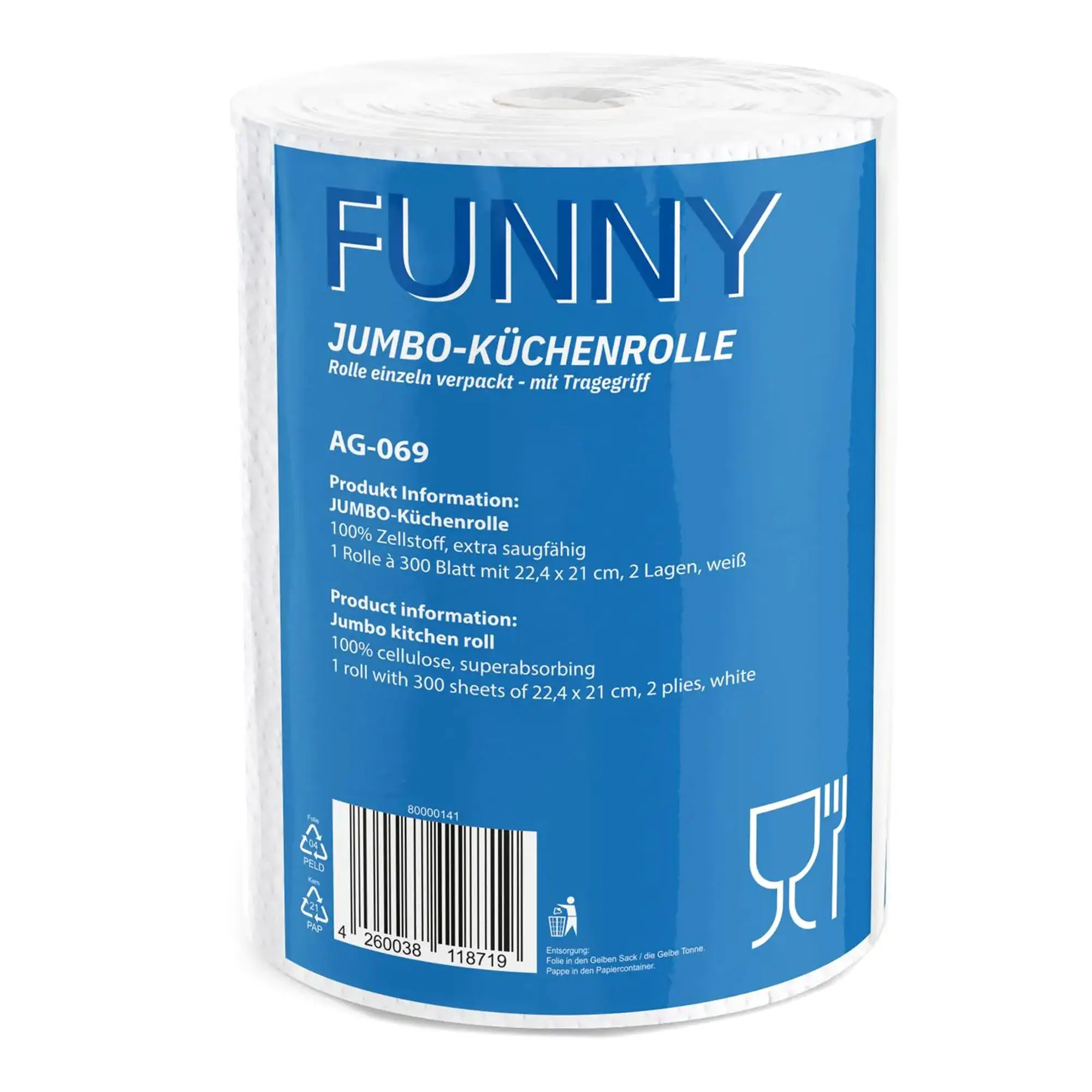 FUNNY Jumbo-Küchenrolle Zellstoff 2-lagig hochweiß, 300 Blatt, extra saugstarke Jumboküchenrolle aus 100 % Zellstoff, einzeln verpackt mit Tragegriff, Art.-Nr. AG-069
