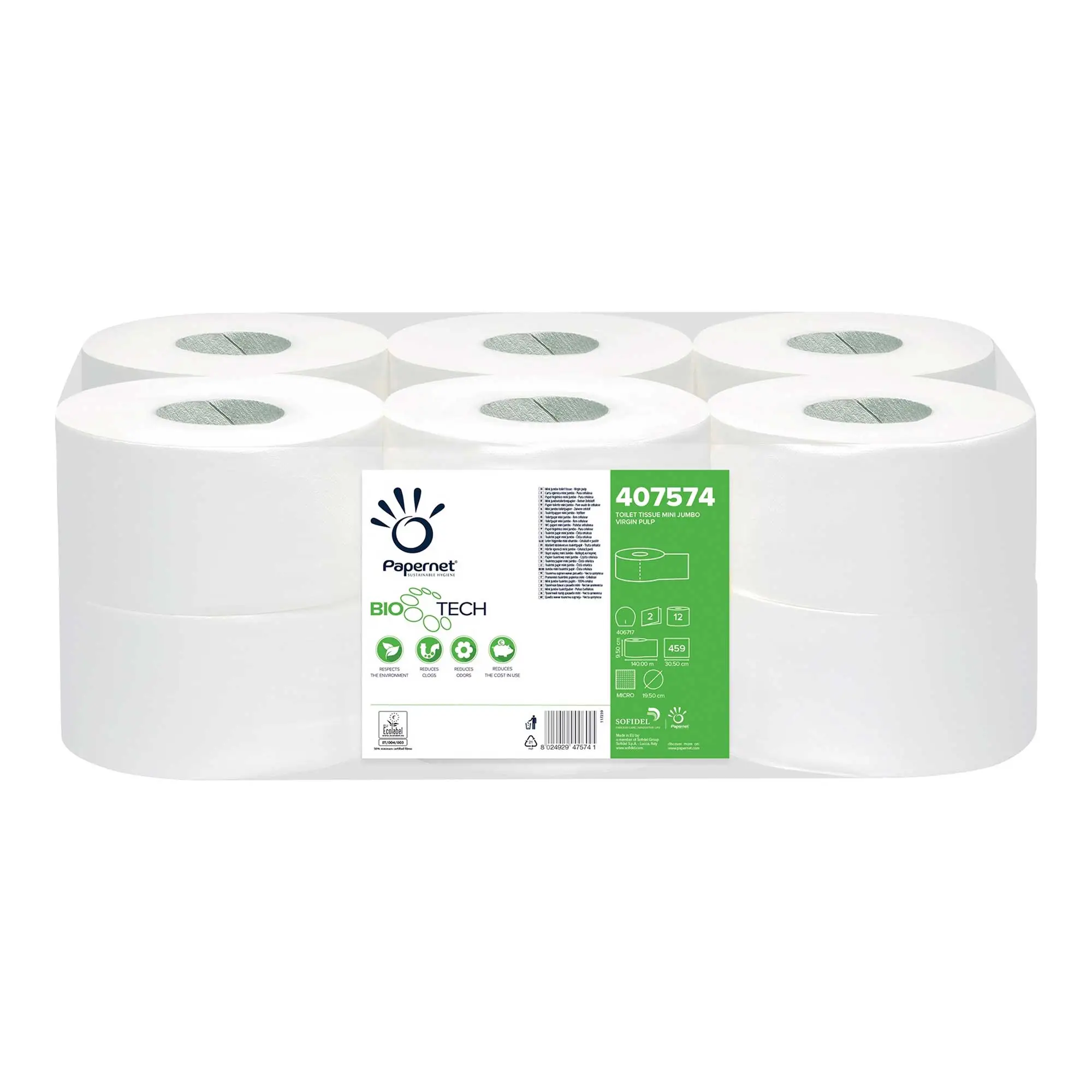 Papernet Bio Tech Superior Toilettenpapier Mini Jumborolle weiß 2-lagig, 140 Meter auf Vorratspack, aus Frischzellstoff mit EU Ecolabel und BATP-Technologie, Art.-Nr. 407574