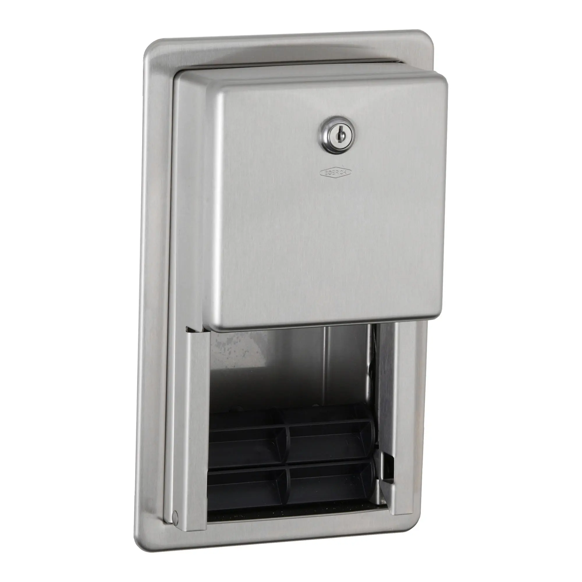 Bobrick B-3888 Toilettenpapierspender für 2 Kleinrollen aus Edelstahl, abschließbarer Wandeinbauspender für Sanitärraum, Artikel B-3888