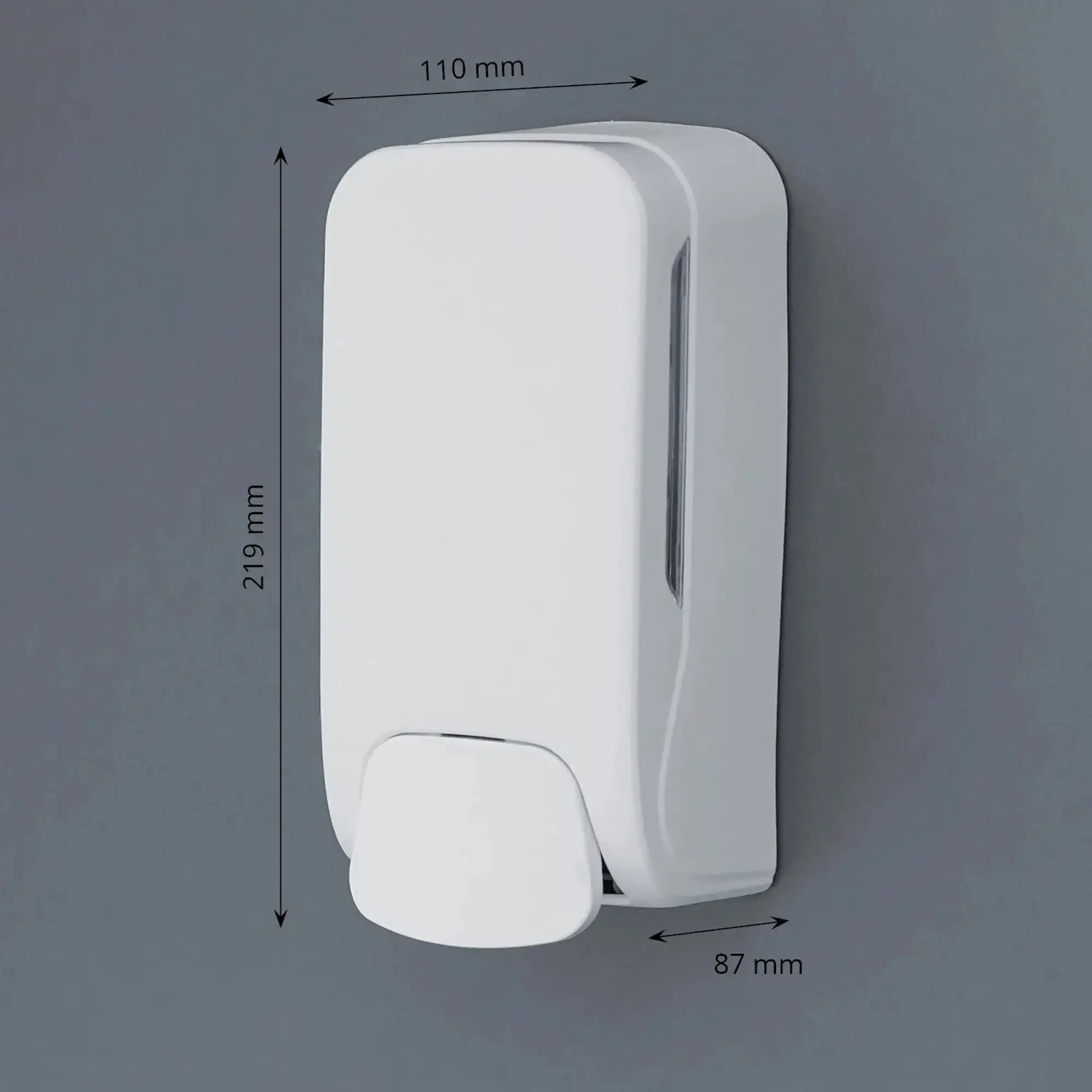 SEMYtop Desinfektionsmittelspender 500 ml Kunststoff, weißer manuell bedienbarer Wandspender mit Maßangaben 219 x 110 x 87 mm für Sanitär- und Hygienebereiche