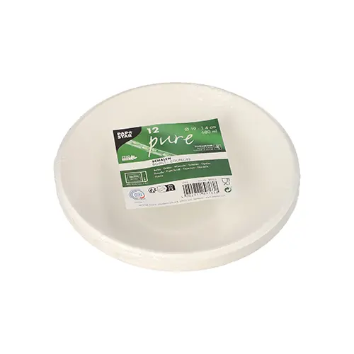 PAPSTAR Schalen, Zuckerrohr "pure" 680 ml Ø 19 cm, 4 cm weiß, 12 x 12 Stück – stabile, kompostierbare Einweg-Schalen aus Zuckerrohr, mikrowellengeeignet