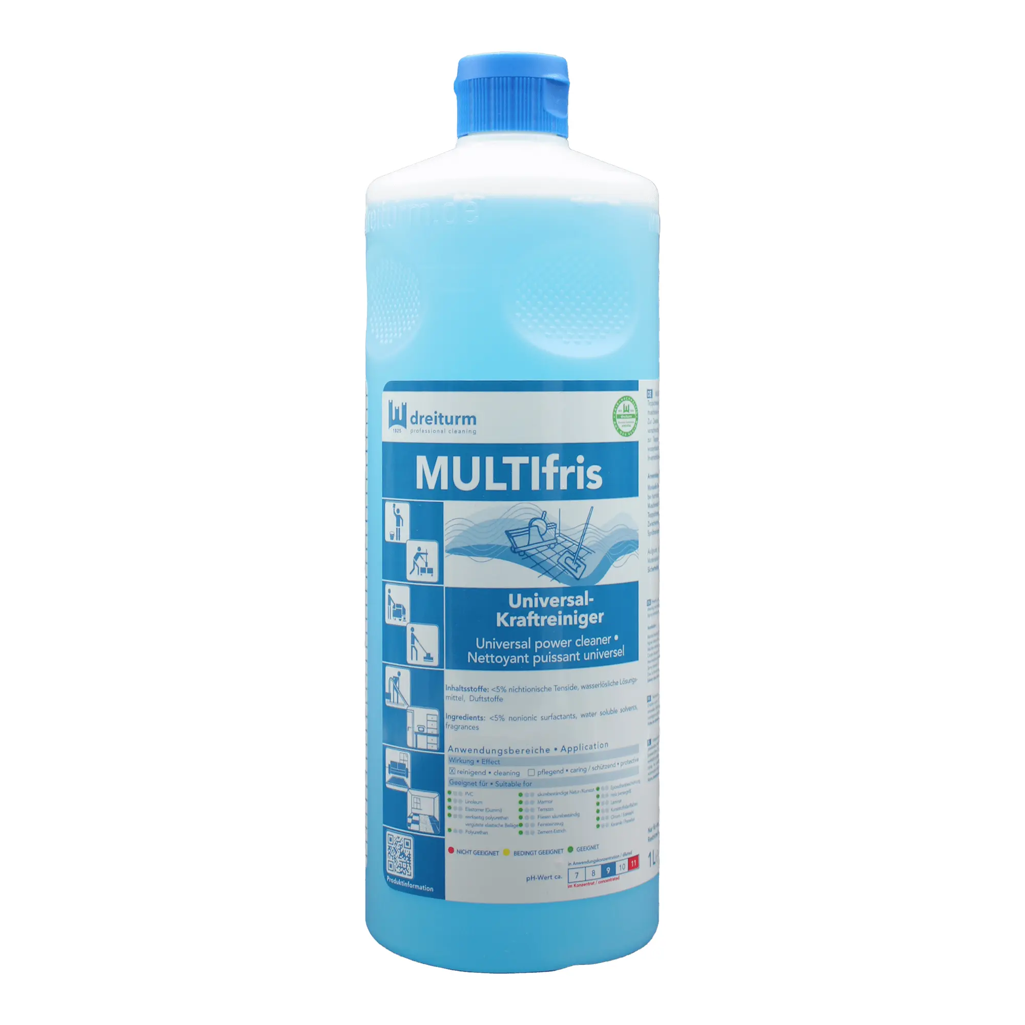 Dreiturm MULTIfris Universal-Kraftreiniger in blauer 1-Liter-Flasche für die gründliche Reinigung von Oberflächen, Hartböden und Teppichen
