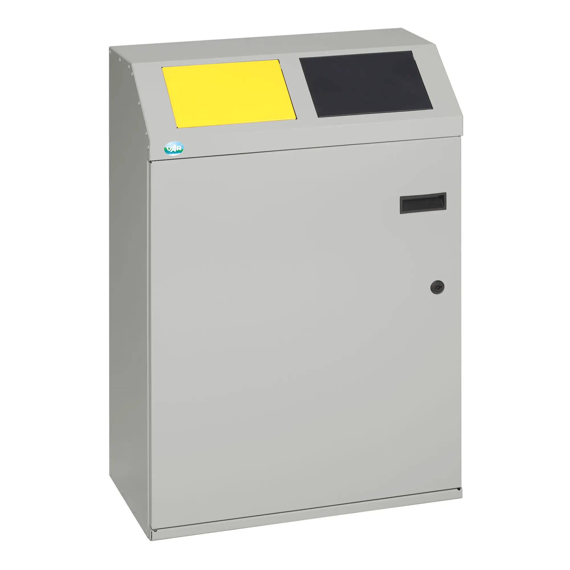 VAR Wertstoffsortiersystem 2-fach, 2 x 50 Liter aus Stahlblech mit gelber und schwarzer Einwurfklappe, abschließbarer Tür und Metallinneneimern