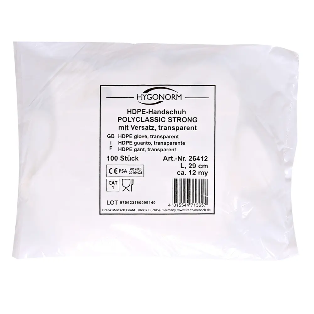 Hygonorm Polyclassic Strong HDPE-Handschuhe transparent mit Versatz, strapazierfähige puderfreie Einmalhandschuhe aus HDPE für Medizin, Labor und Lebensmittel, Art.-Nr. 26412