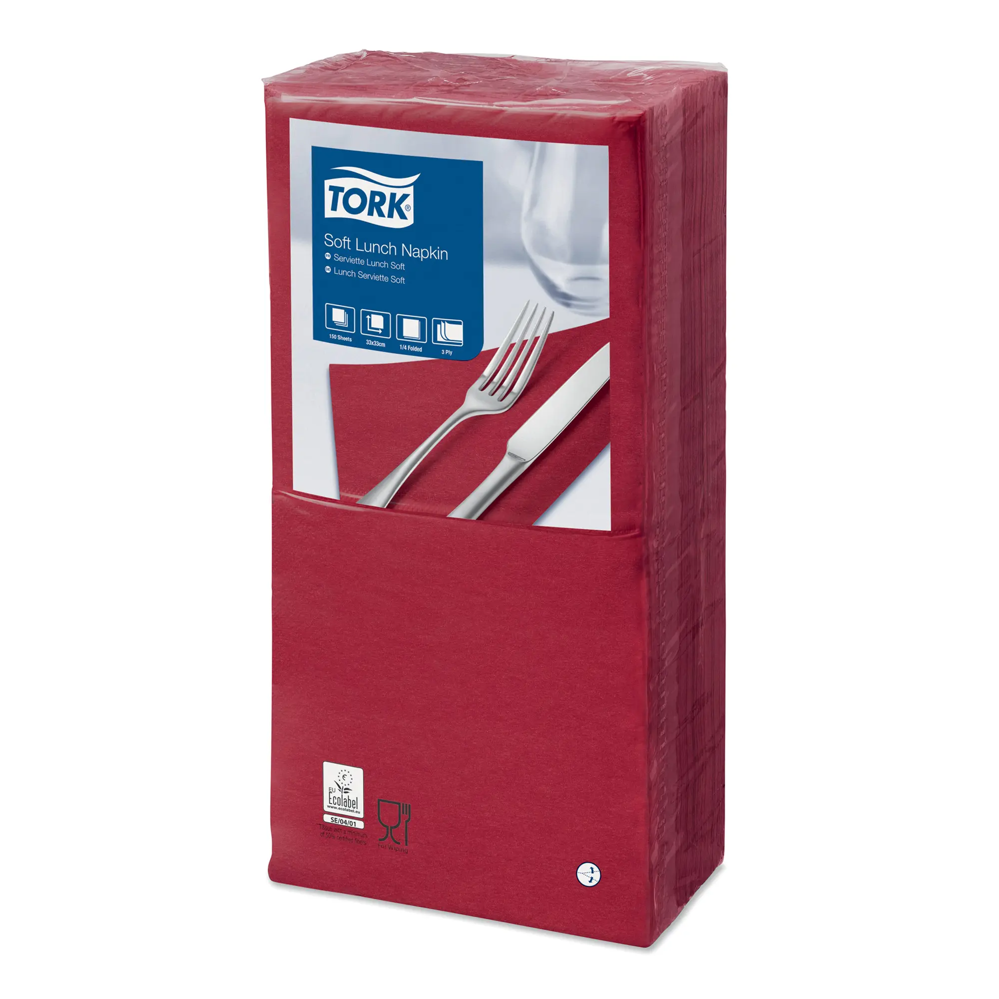 Tork Advanced Soft Lunchserviette 1/4-Falz, 16,4 x 16,3 cm, 3-lagig, rot – weiche Zellstoff-Servietten für stilvollen Lunchservice in Gastronomie, Hotellerie und Catering, Art.-Nr. 477411