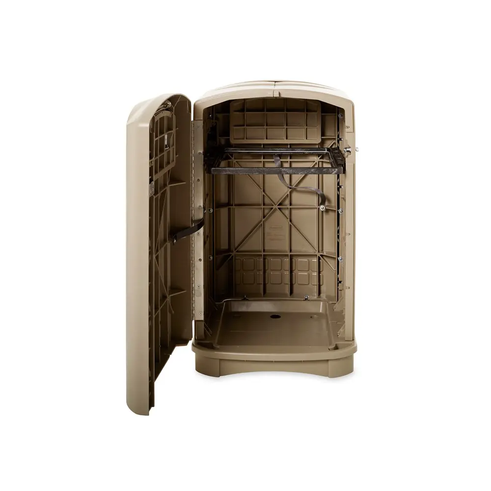 Rubbermaid Landmark Jr. Container Abfallbehälter 132 Liter aus robustem Polyethylen, geöffnete Tür mit sichtbarer Halterung für Abfallsäcke, Rubbermaid Landmark Jr. 132 l