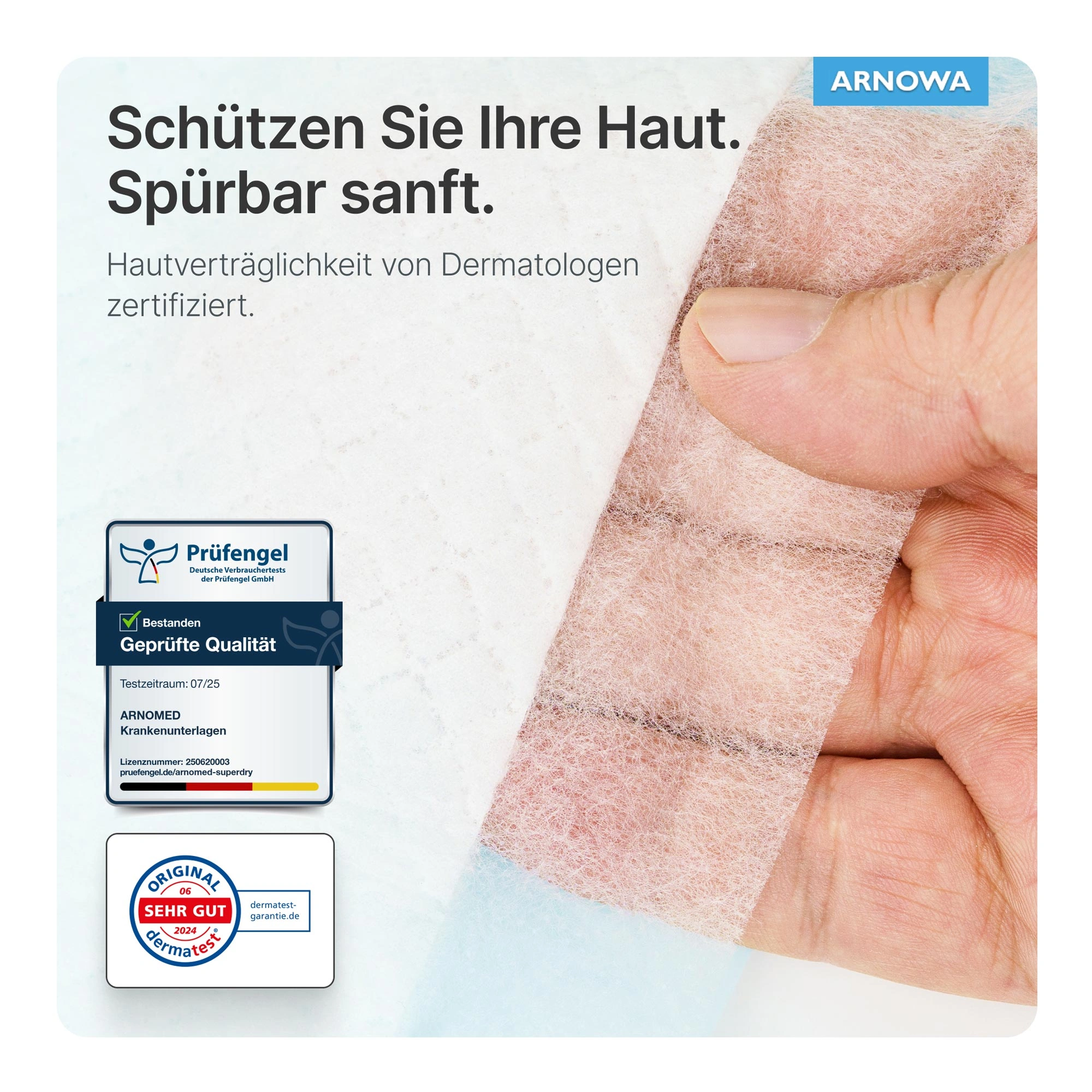 ARNOMED SUPERDRY Einweg-Bettschutzunterlagen, 25 Stück, 5-lagige, saugstarke Krankenunterlagen, hautfreundlich, dermatologisch getestet, geprüfte Qualität, Art.-Nr. 205020003