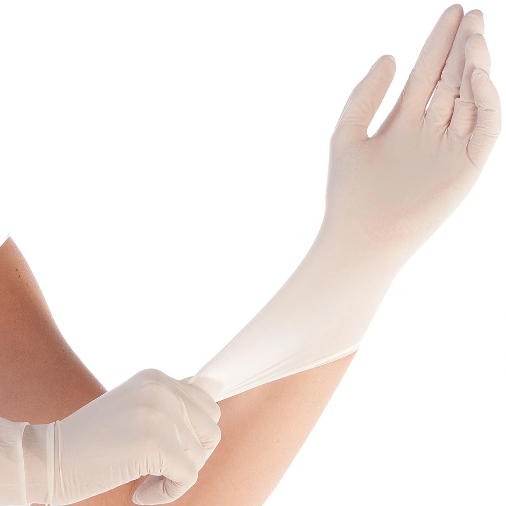 Hygostar Safe Super Stretch Nitrilhandschuhe weiß puderfrei, dehnbarer Nitril-Einweghandschuh wird über den Unterarm gestreift, VE 1000 Stück