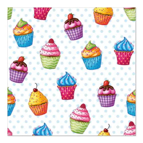 PAPSTAR Servietten, 3-lagig 1/4-Falz 33 x 33 cm "Cupcakes" mit farbenfrohem Cupcake-Motiv auf gepunktetem Hintergrund, umweltfreundliche Tissue-Servietten, Artikel 82736