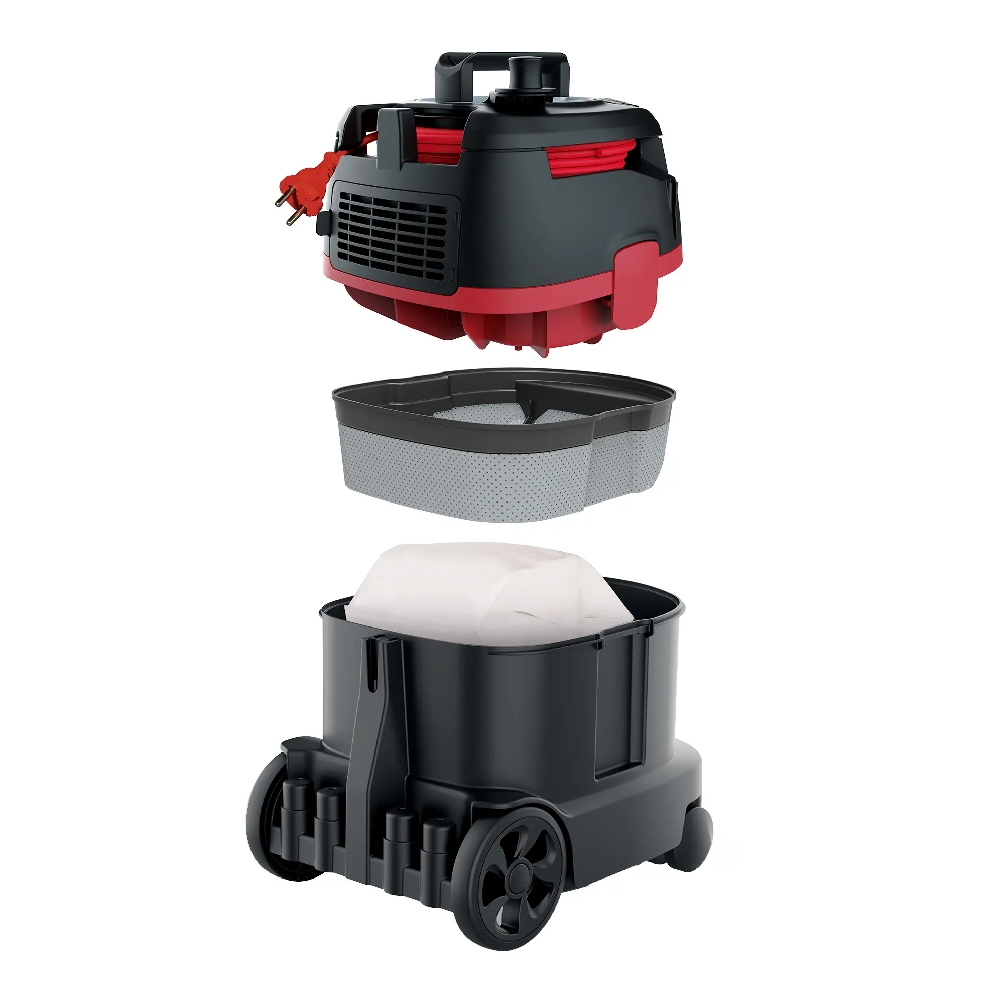 Sprintus Staubsauger ERA EVO ZERO mit geöffnetem Behälter, Vliesfilterkorb, HEPA13 Filtertüte und Filterkassette für hygienische, allergikerfreundliche Profi-Reinigung